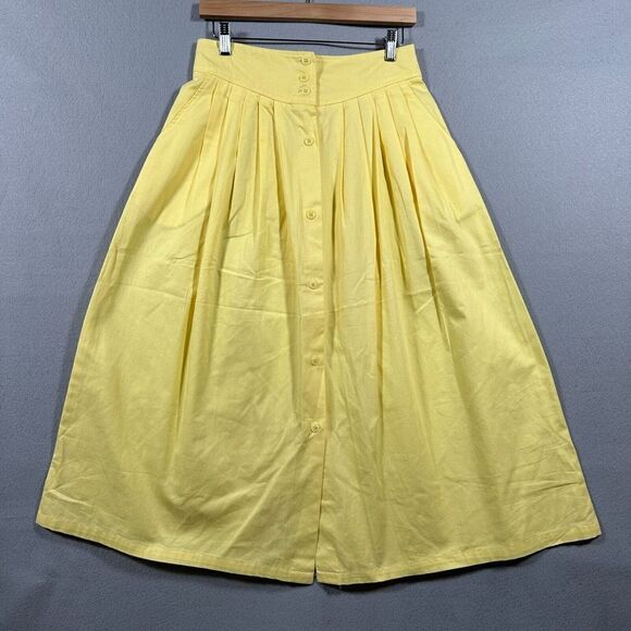 Vintage Yellow Midi Skirt Pleated Button‎ Front Peddlersport Adjustable Sz Small - Picture 1 of 12